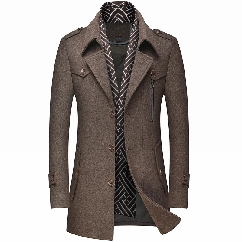 Classic men's tailored longline military overcoat, a sophisticated choice for winter men's fashion.