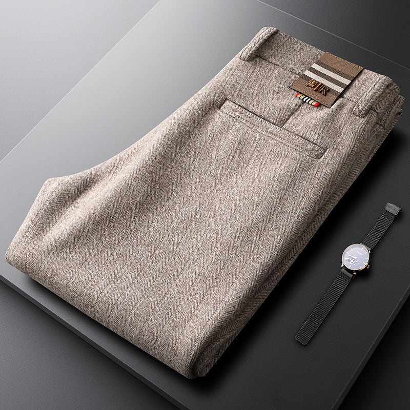 Khaki men's dress pants, tailored for a modern fit, ideal for business or events.