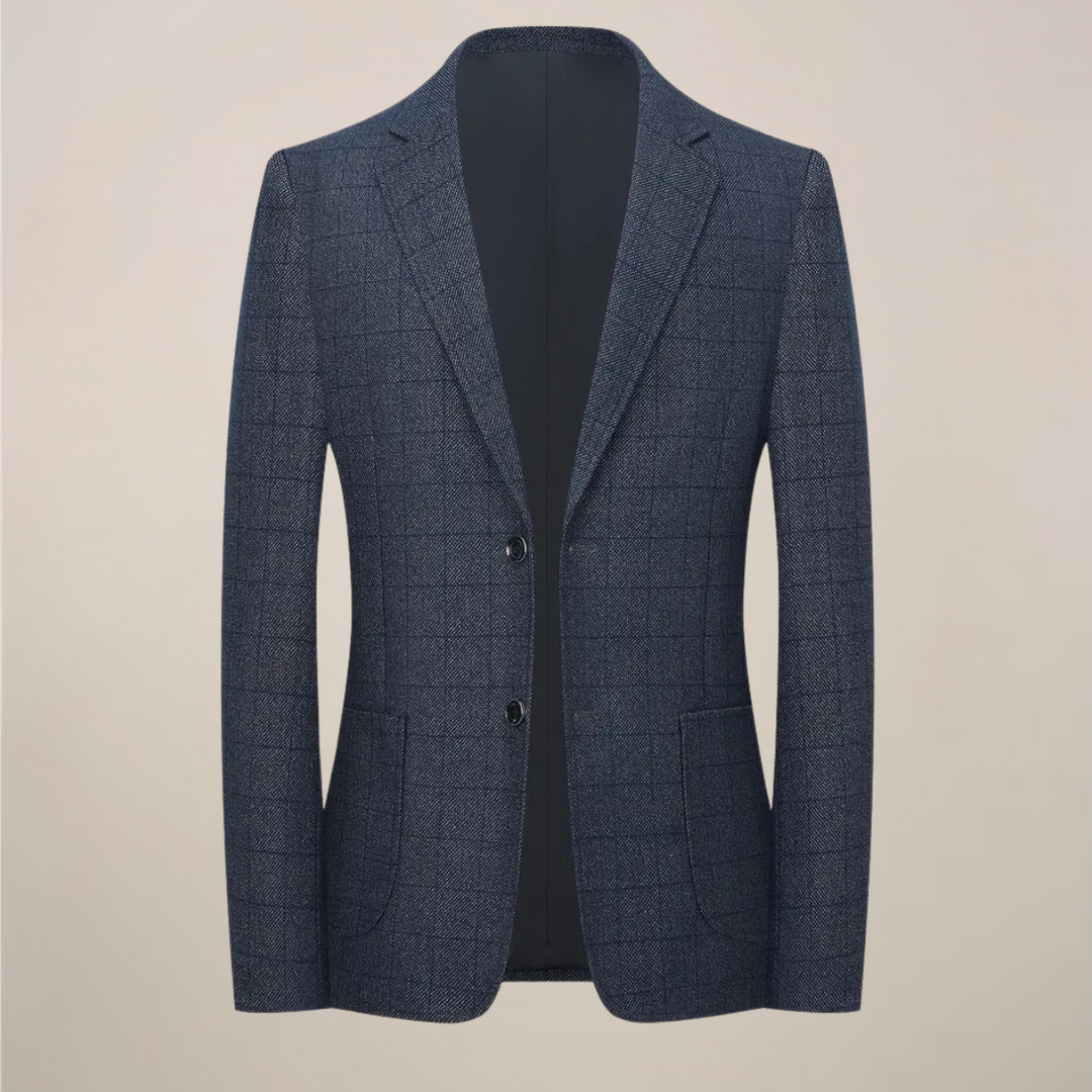 Sophisticated men's tailored fit plaid blazer. Versatile check jacket for smart casual or formal occasions.