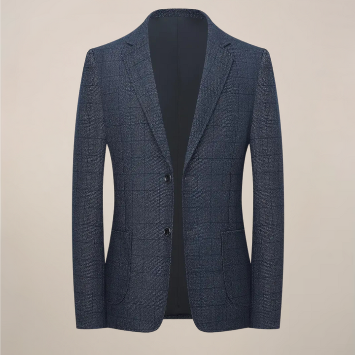 Sophisticated men's tailored fit plaid blazer. Versatile check jacket for smart casual or formal occasions.