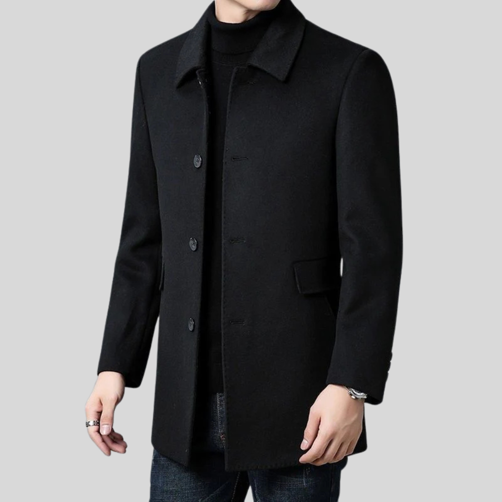 Classic men's tailored trench coat for smart casual or formal winter wear.