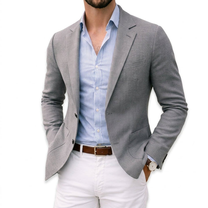 Modern men's tailored blazer, slim fit suit jacket for smart casual elegance.