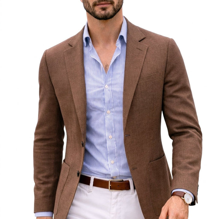 Elegant men's tailored blazer, a versatile layering piece for refined smart casual fashion.