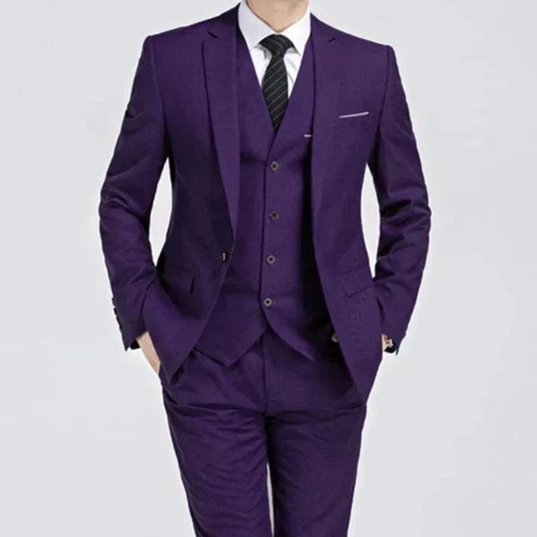 Men's tailored three-piece suit, perfect for weddings & formal events, showcasing elegant design & fit.