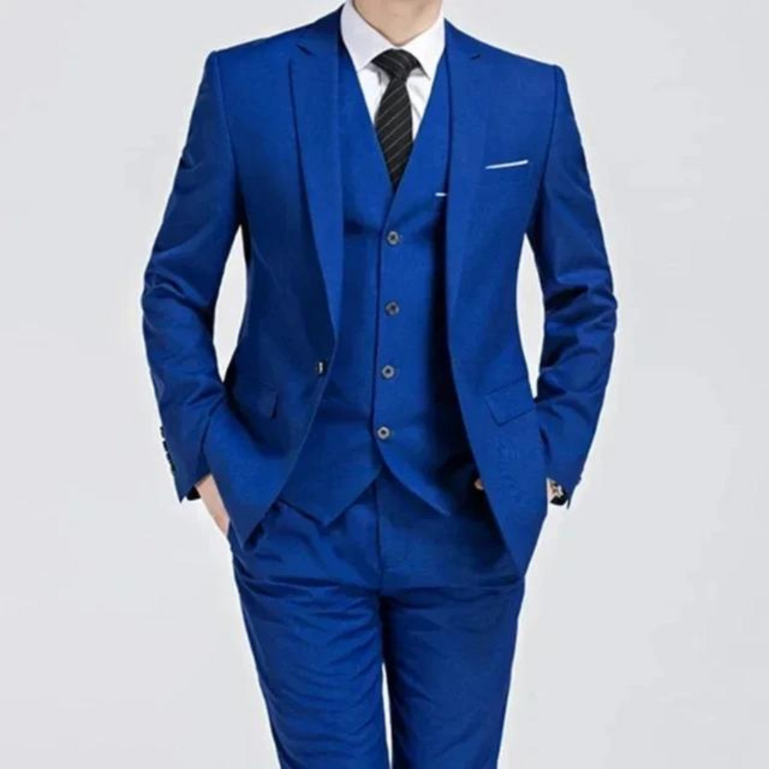 Elegant men's three-piece suit, tailored for a sophisticated look at weddings, parties & business events.