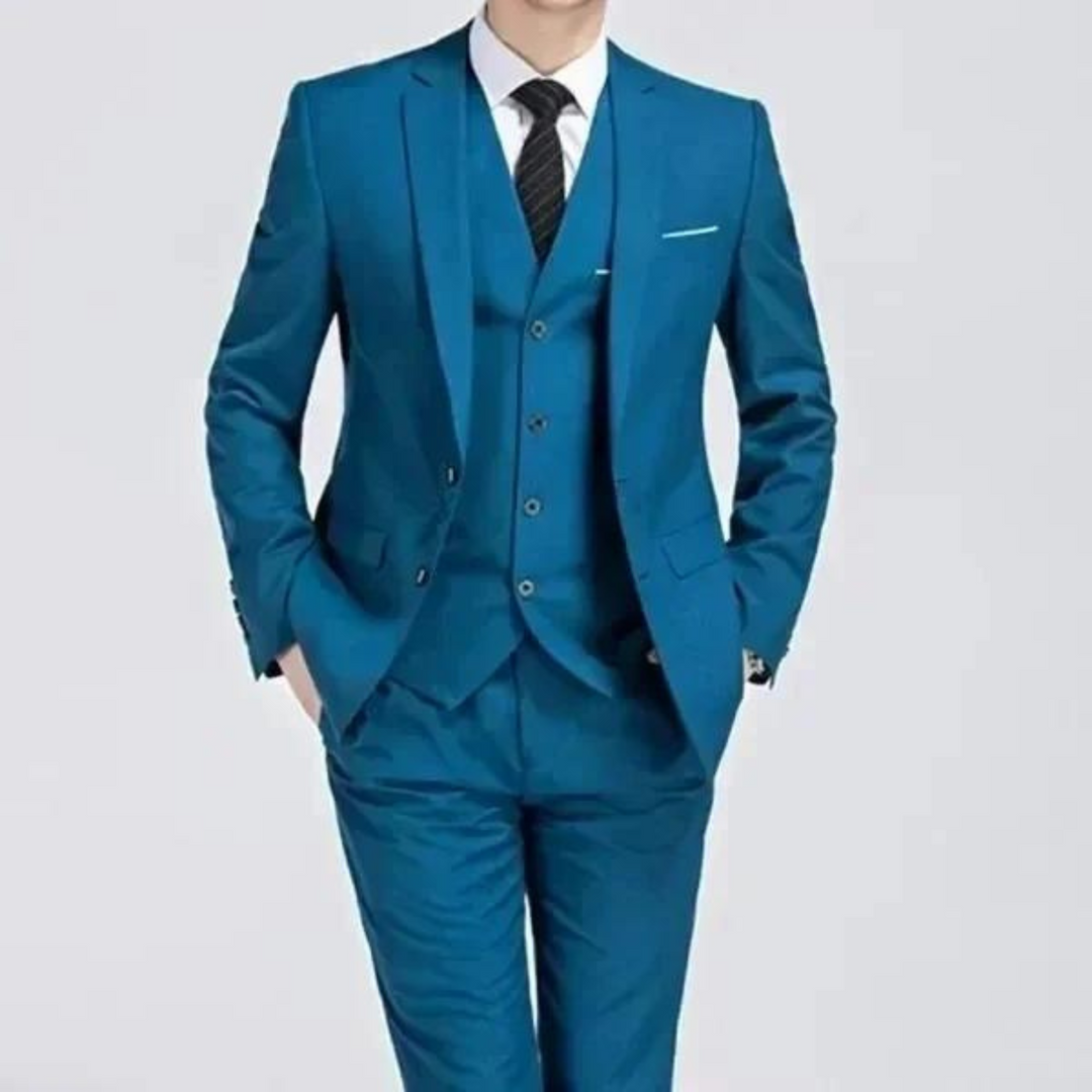 Classic men's formal three-piece suit. High-quality tailored design for business meetings & special events.
