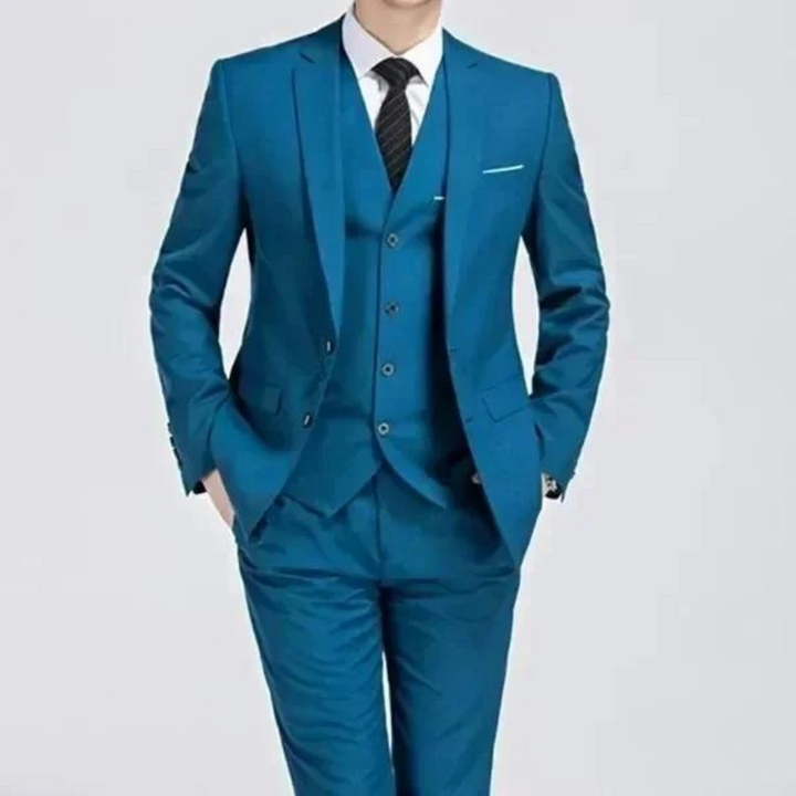 Classic men's formal three-piece suit. High-quality tailored design for business meetings & special events.