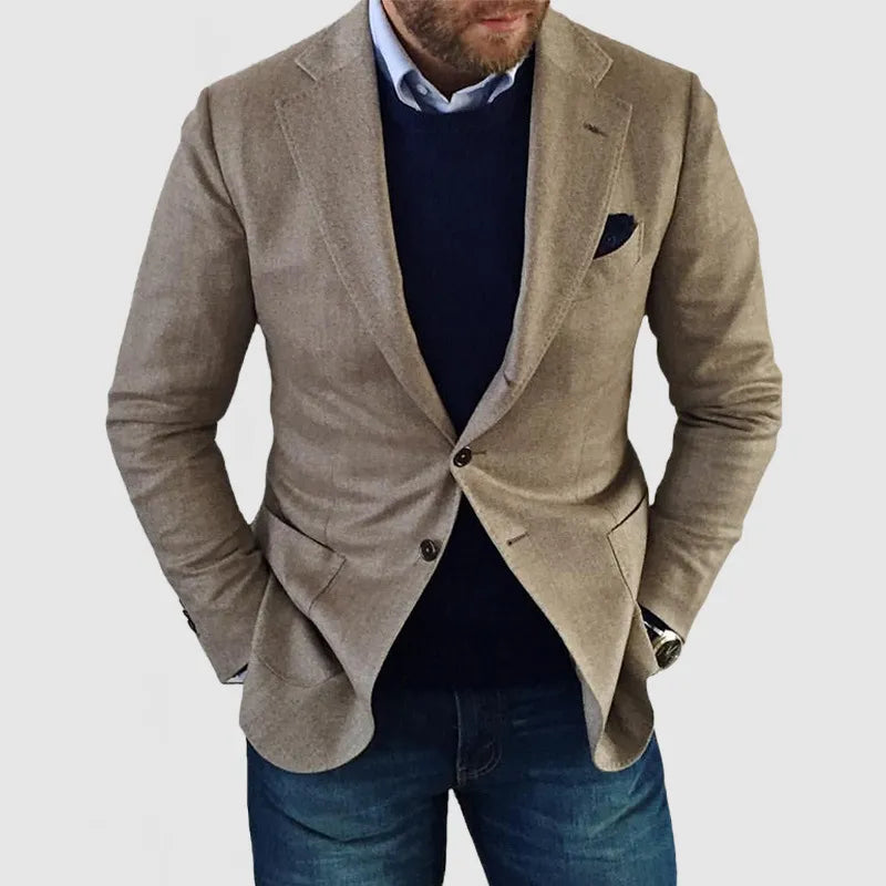 Classic men's two-button tailored blazer, perfect for smart casual, office wear, or formal event sophistication.