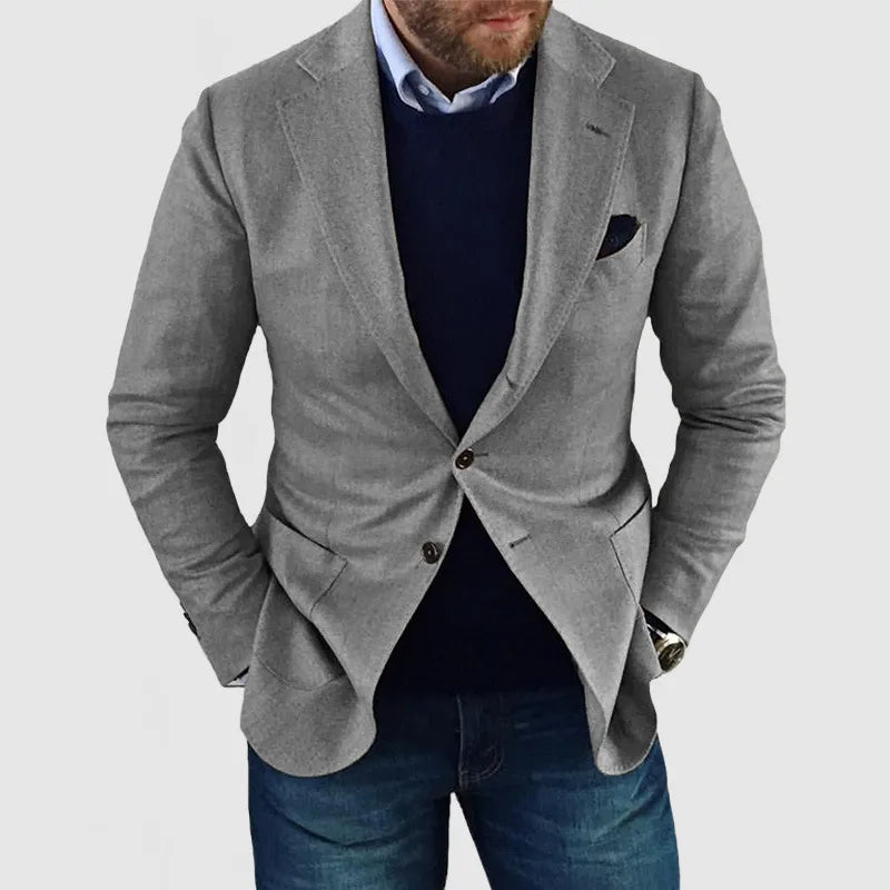 Sophisticated men's tailored two-button blazer for a polished smart casual look, ideal for office and events.