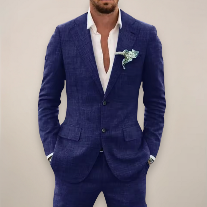 Men's tailored two-piece suit for elegant spring & summer style. Perfect for formal events & weddings.