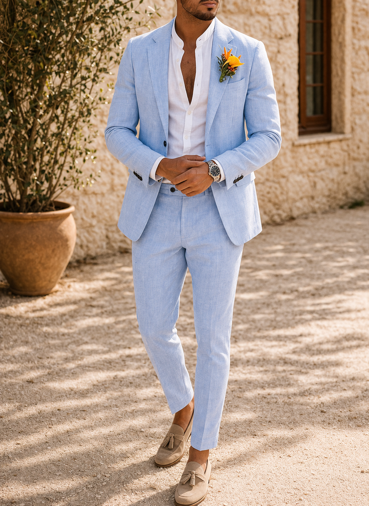 Elegant men's slim-fit tailored wedding suit, a two-piece design ensuring all-day comfort for the groom.