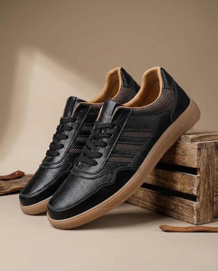 Durable men's leather comfort trainers in black, ideal for everyday use & casual fashion