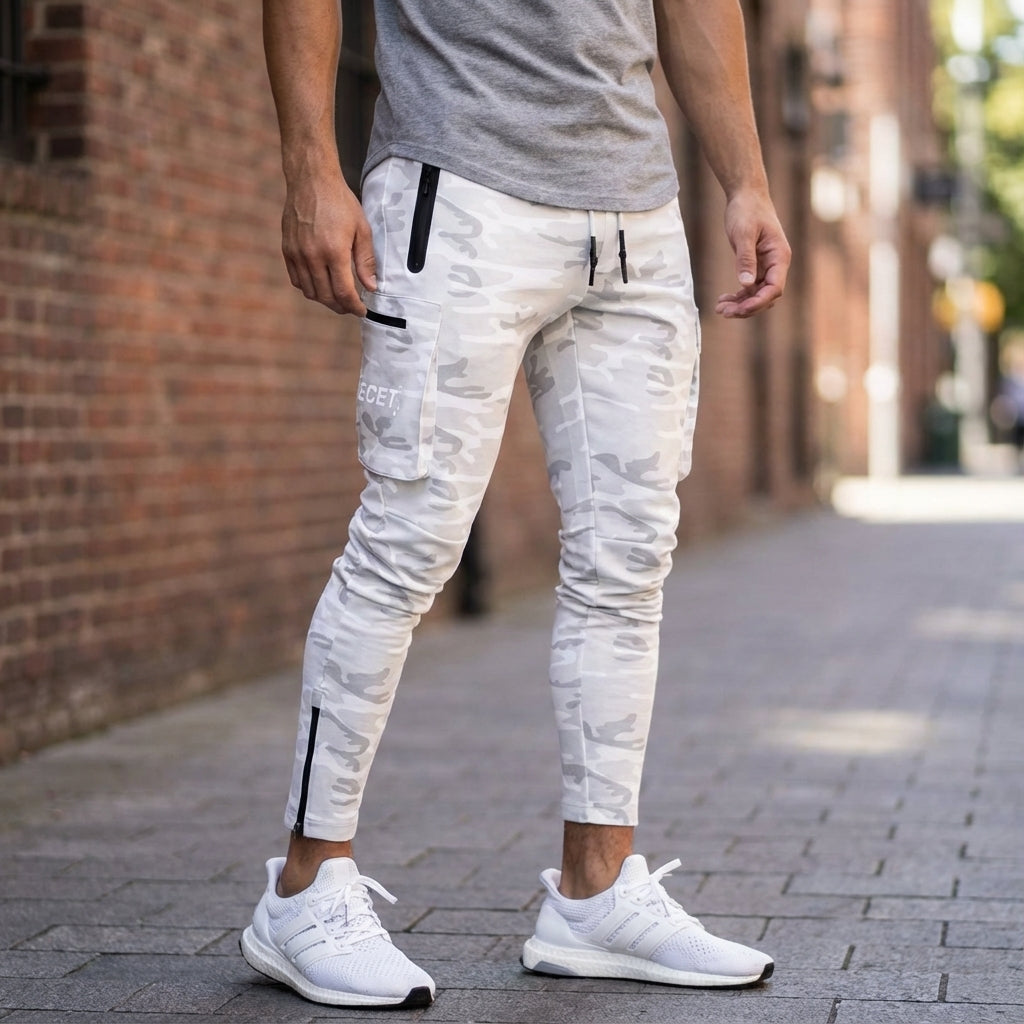 Men's tapered jogging trousers with secure zipper pockets & drawstring waist for gym wear and active comfort.