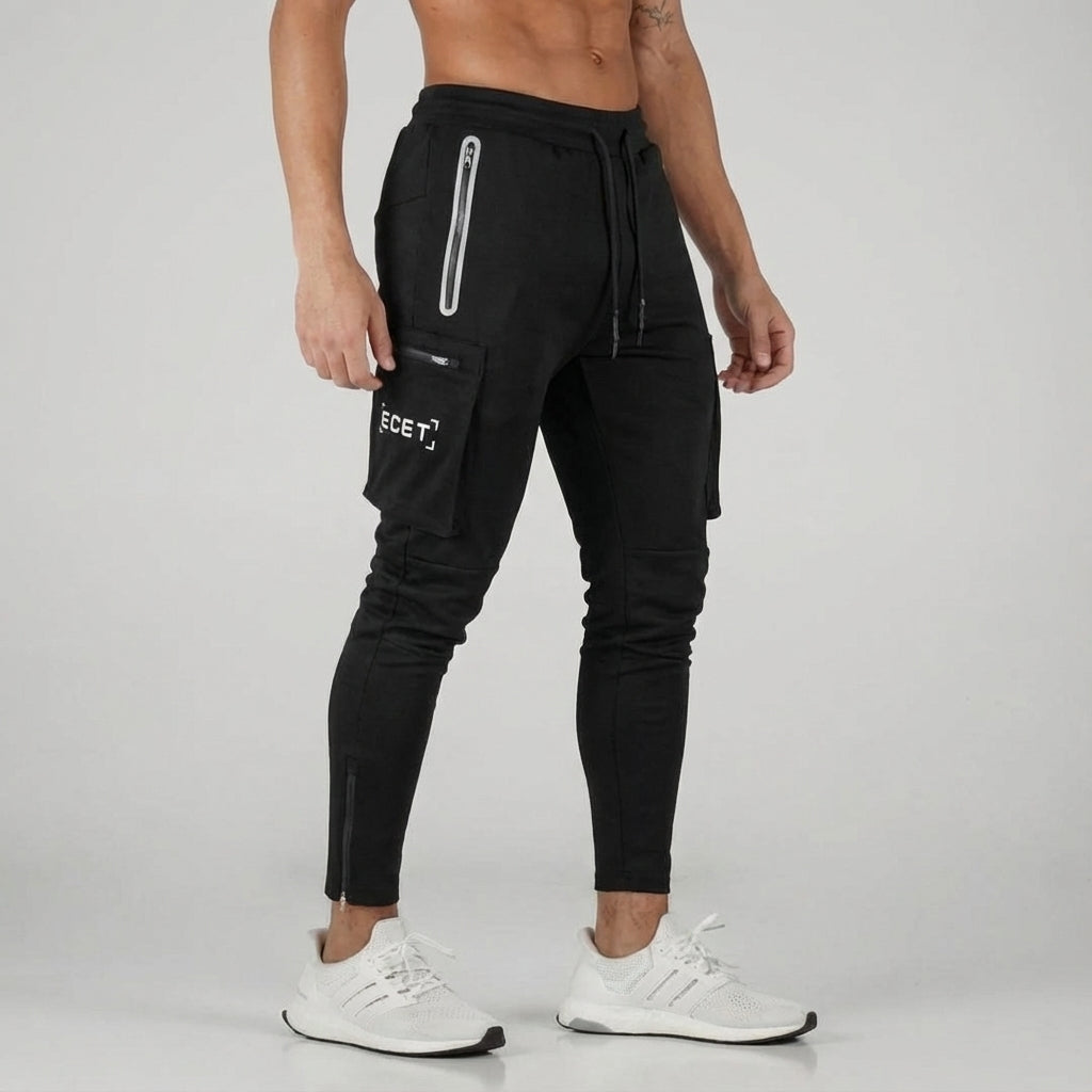 Men's tapered gym wear joggers with adjustable drawstring waist and secure zipper pockets for ultimate comfort.