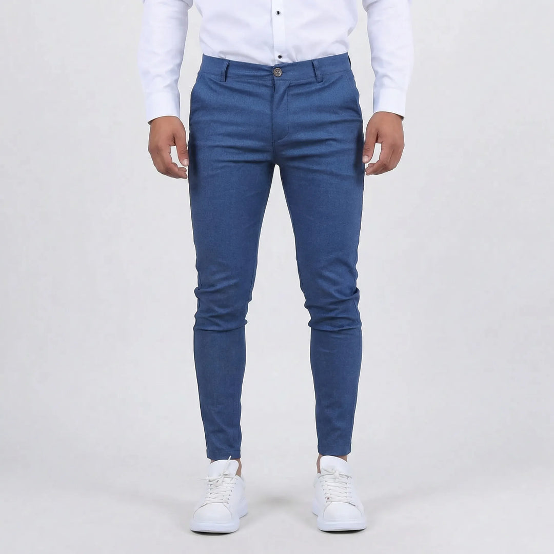 Men's tapered slim fit chino pants in various colors for versatile smart casual looks.