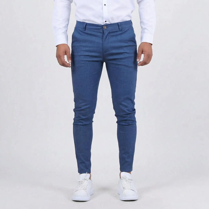 Men's tapered slim fit chino pants in various colors for versatile smart casual looks.