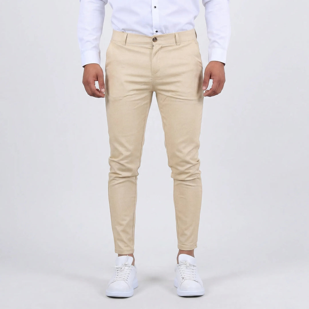 Gray men's tapered slim fit chino trousers, comfortable for daily use.