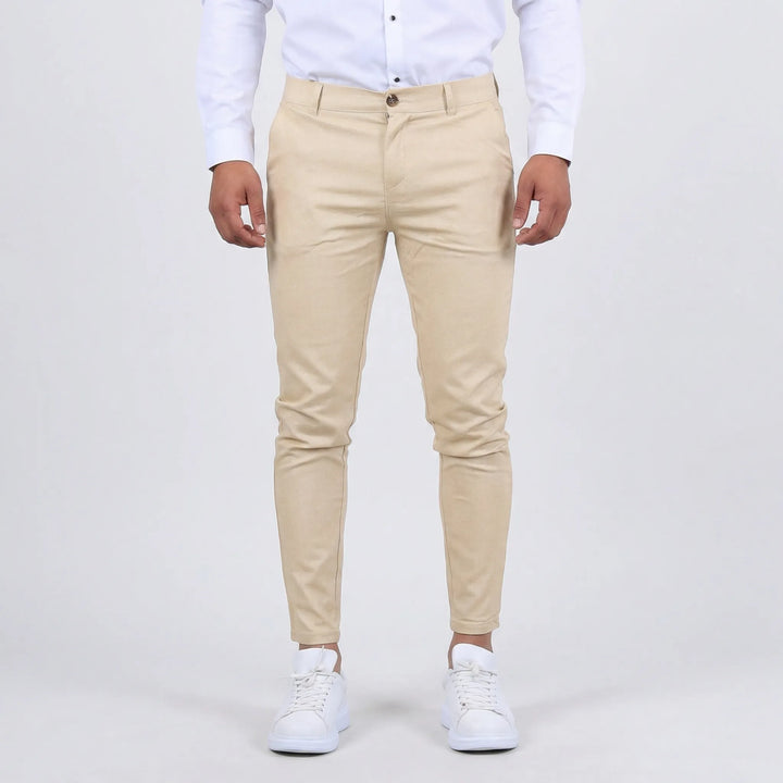 Gray men's tapered slim fit chino trousers, comfortable for daily use.