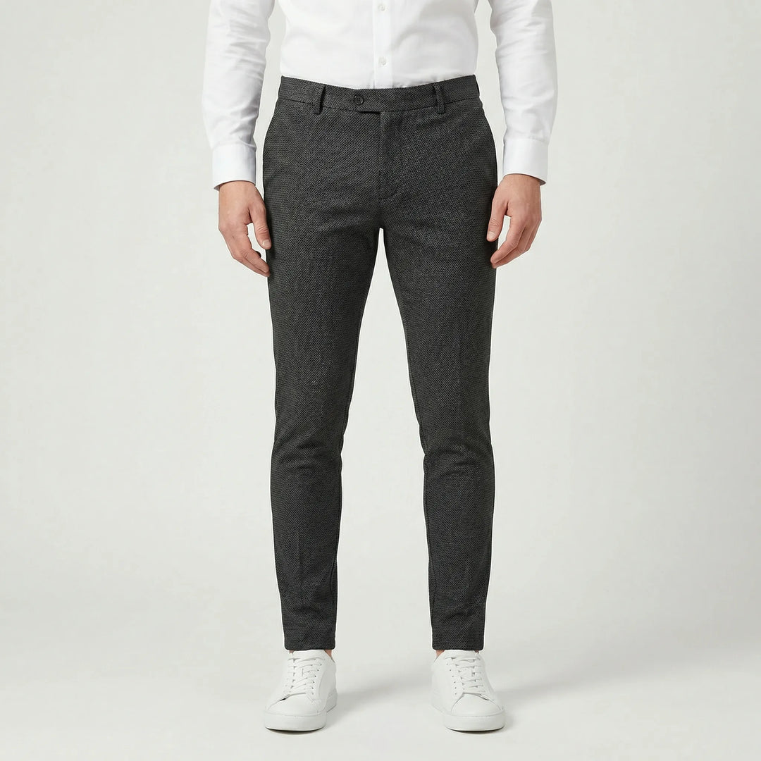 Stylish beige men's tapered slim fit chino pants, comfortable for all-day wear.