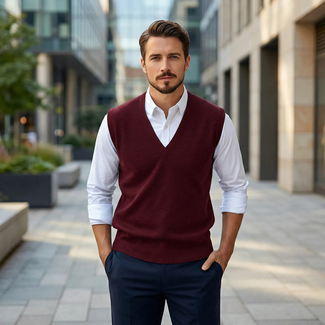 Men's Teo sleeveless V-neck vest, a classic fit layering piece for versatile casual & semi-formal menswear style.