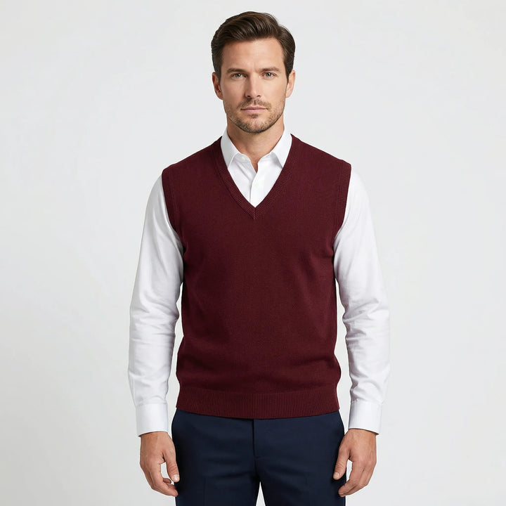 Versatile men's sleeveless V-neck Teo vest, perfect for effortless casual or semi-formal layered menswear fashion.