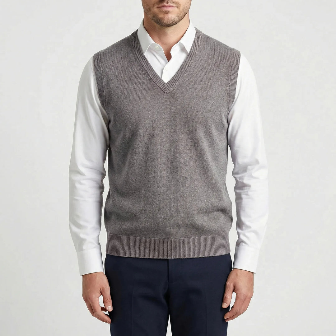 Stylish men's Teo V-neck sleeveless vest, a classic fit layering piece enhancing modern menswear fashion.