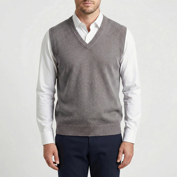 Stylish men's Teo V-neck sleeveless vest, a classic fit layering piece enhancing modern menswear fashion.