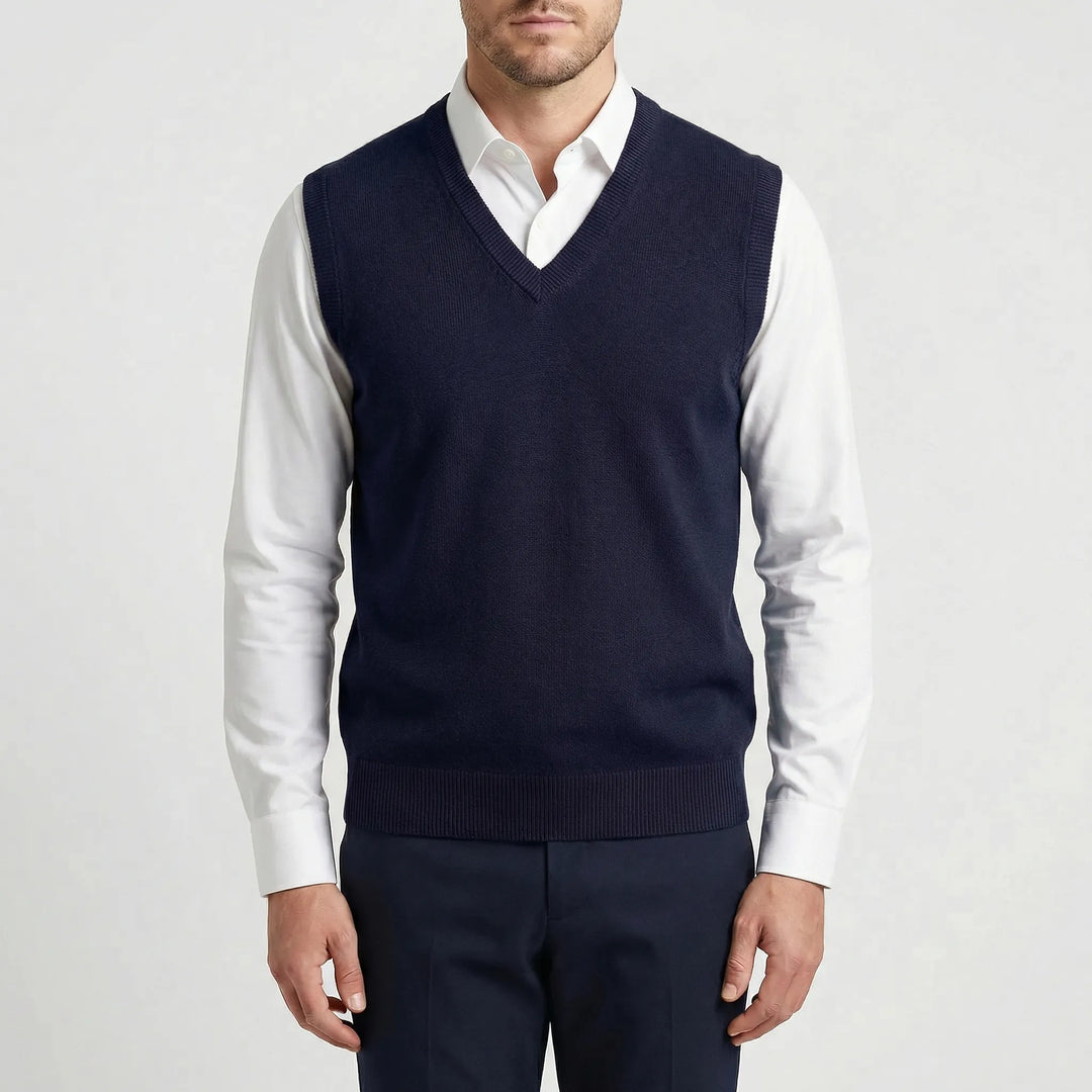 Men's Teo sleeveless V-neck vest, a lightweight & versatile layering piece for year-round casual menswear.