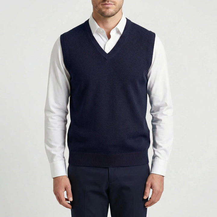Men's Teo sleeveless V-neck vest, a lightweight & versatile layering piece for year-round casual menswear.