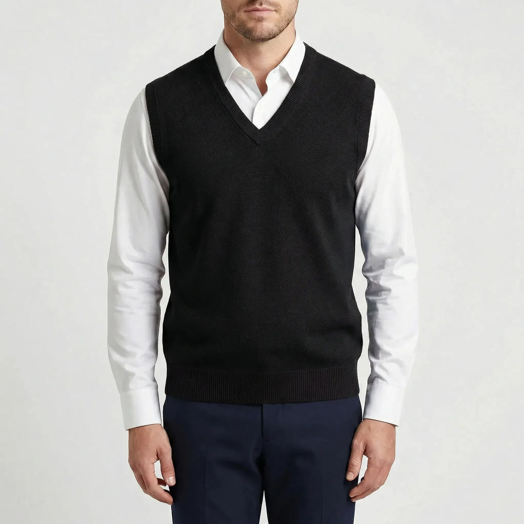 Classic men's Teo sleeveless V-neck vest. Versatile layering for casual, semi-formal, and modern menswear fashion.