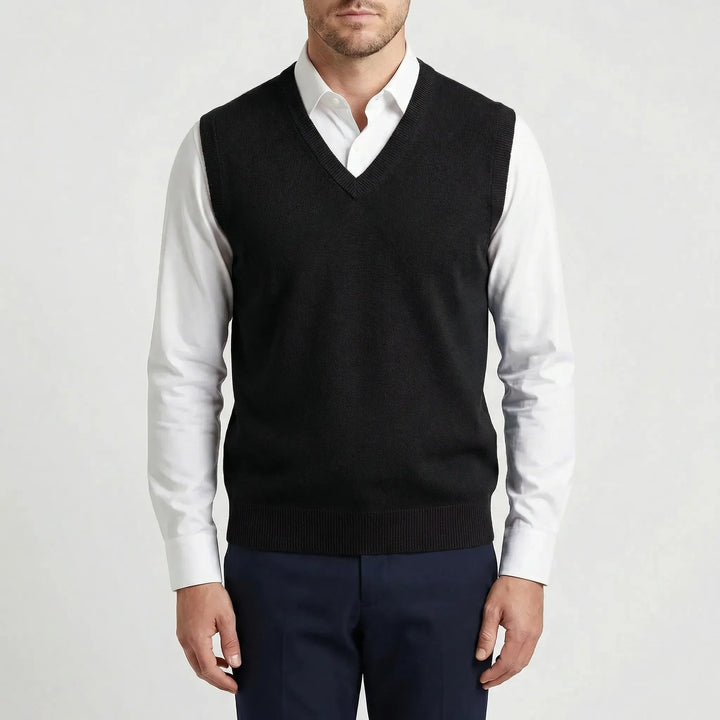 Classic men's Teo sleeveless V-neck vest. Versatile layering for casual, semi-formal, and modern menswear fashion.