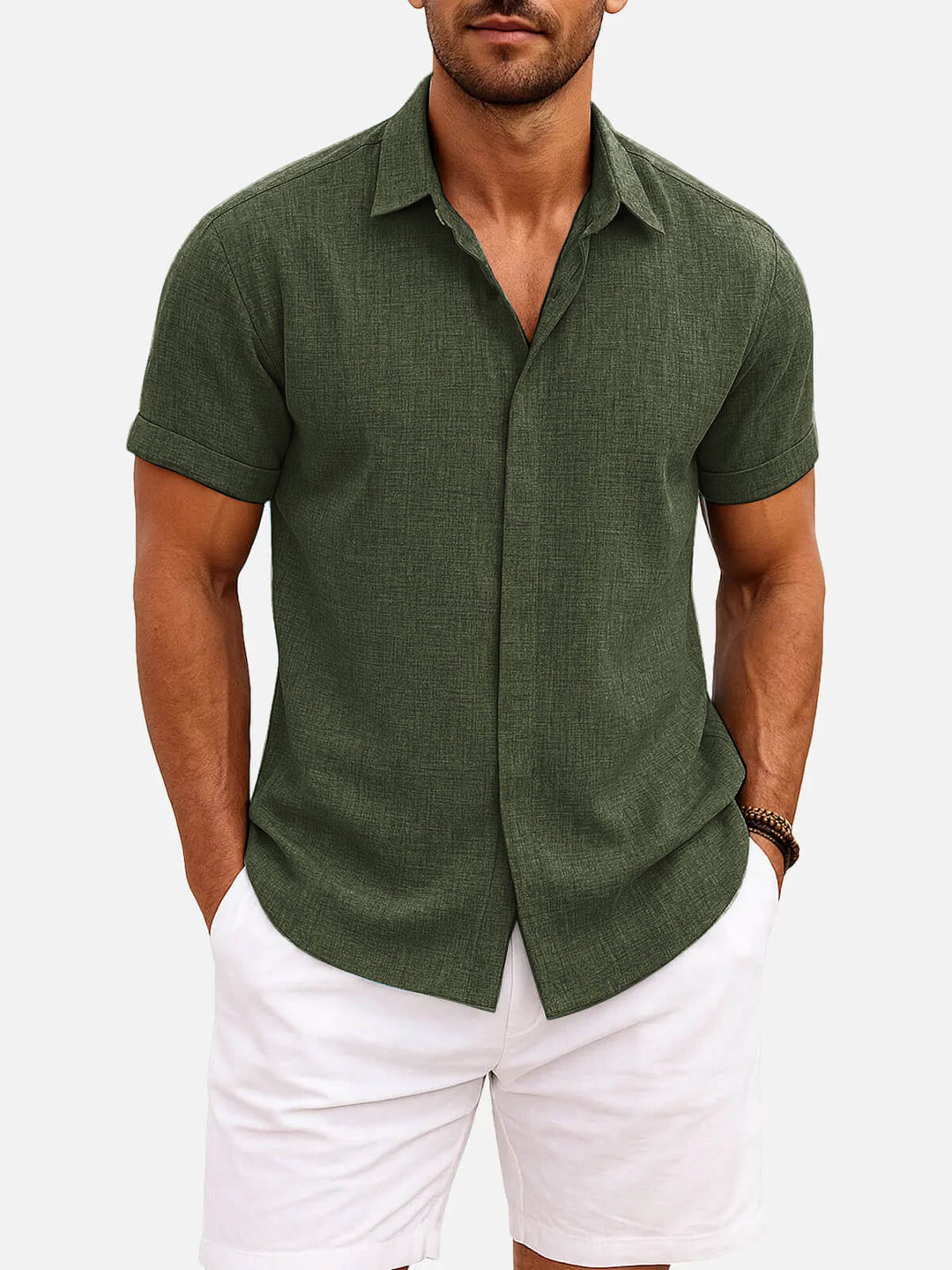 Versatile men's textured collared shirt, short sleeve, for casual summer fashion.