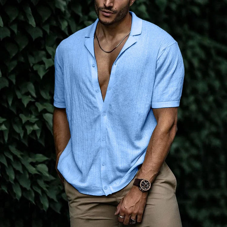 Men's textured Cuban collar summer shirt. Relaxed fit, short sleeve button-down for casual style.