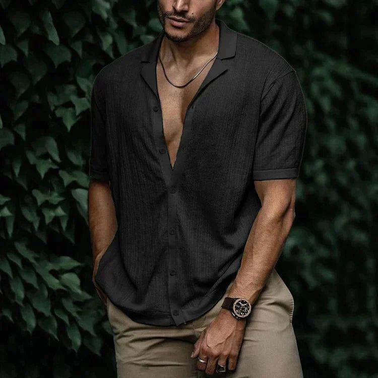 Versatile men's textured Cuban collar summer shirt. Perfect for casual wear, vacation, or stylish everyday outfits.