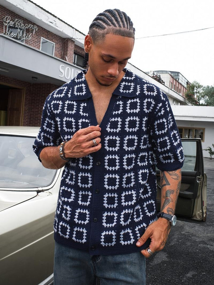 Men's fashion: Geometric patterned knit shirt, short sleeve, textured fabric, button-front design