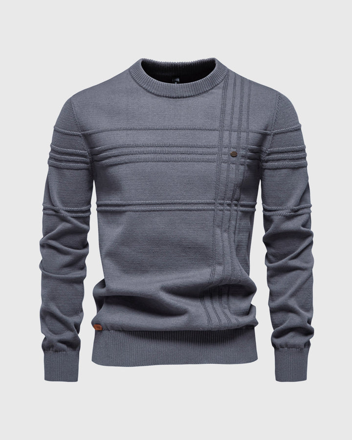 Close-up of the textured knit fabric on a men's everyday crew neck sweater