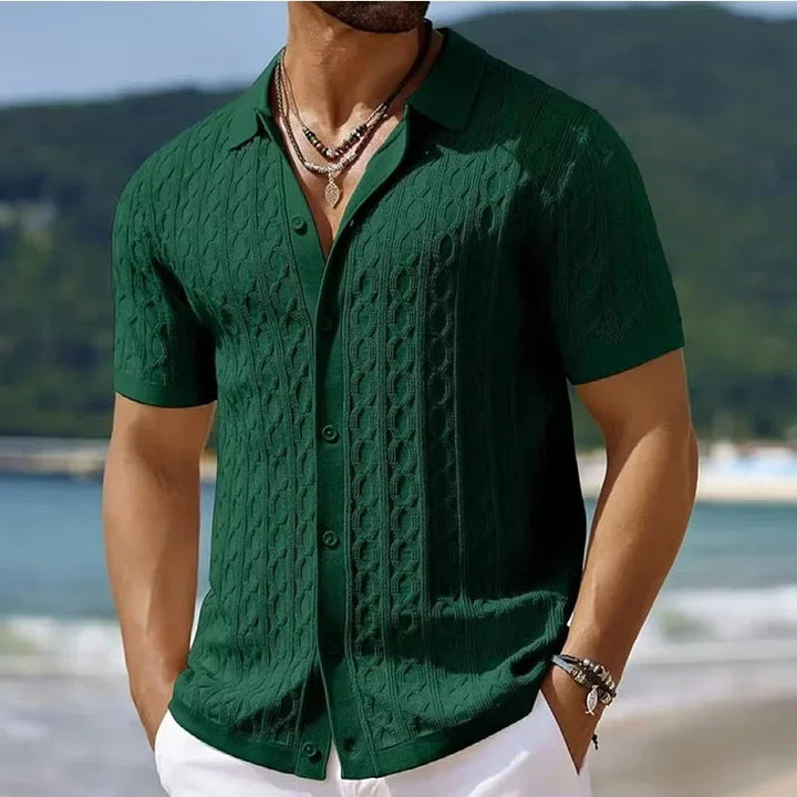 Men's textured knit polo shirt, perfect for smart casual wear. Short sleeve, classic style for summer fashion.