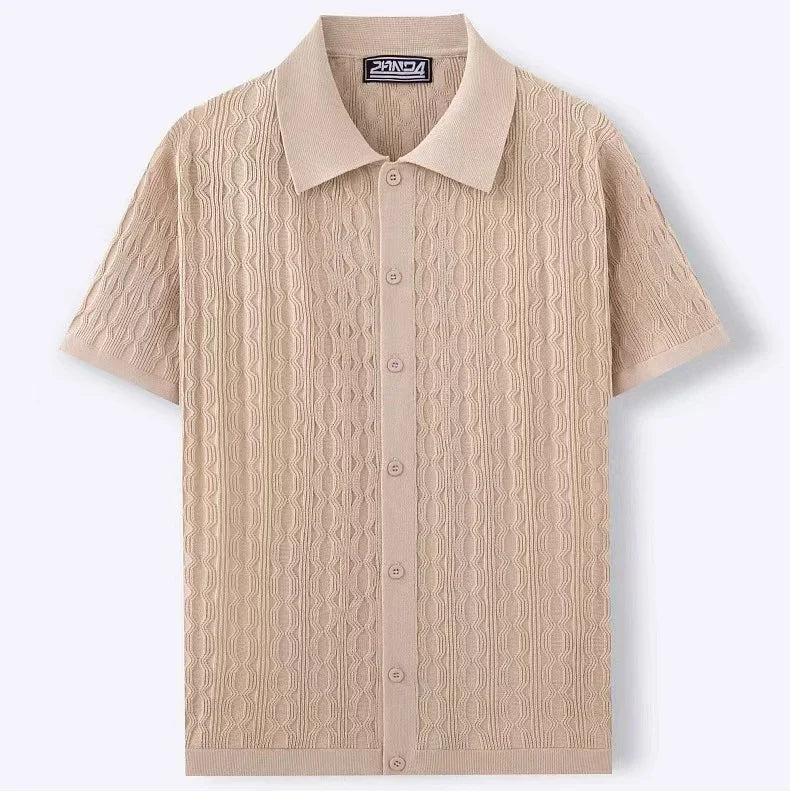 Khaki men's polo shirt, featuring a comfortable textured knit. A stylish short sleeve top for smart casual looks.