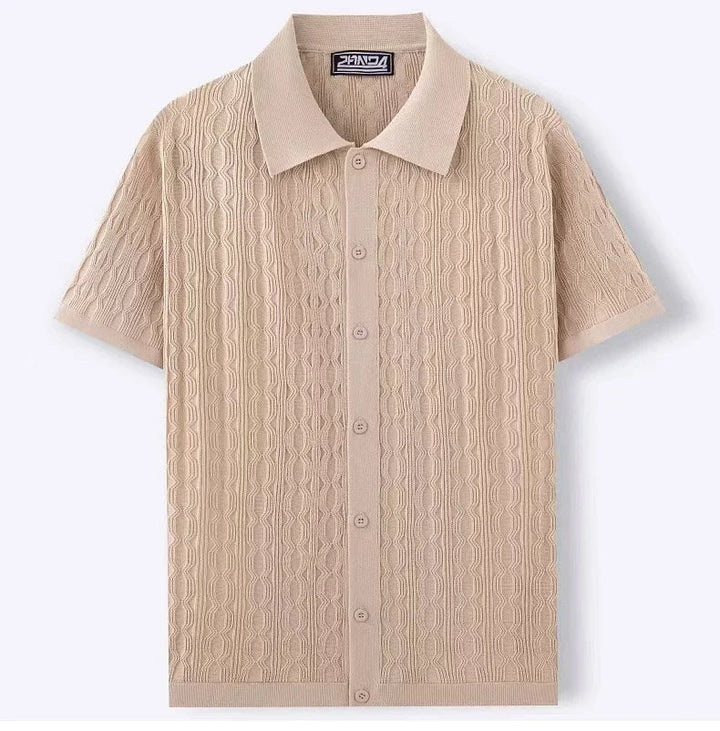 Khaki men's polo shirt, featuring a comfortable textured knit. A stylish short sleeve top for smart casual looks.
