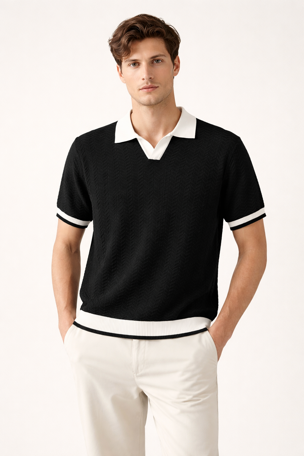 Men's textured knit short sleeve polo shirt, modern fit, perfect for smart casual and everyday wear.