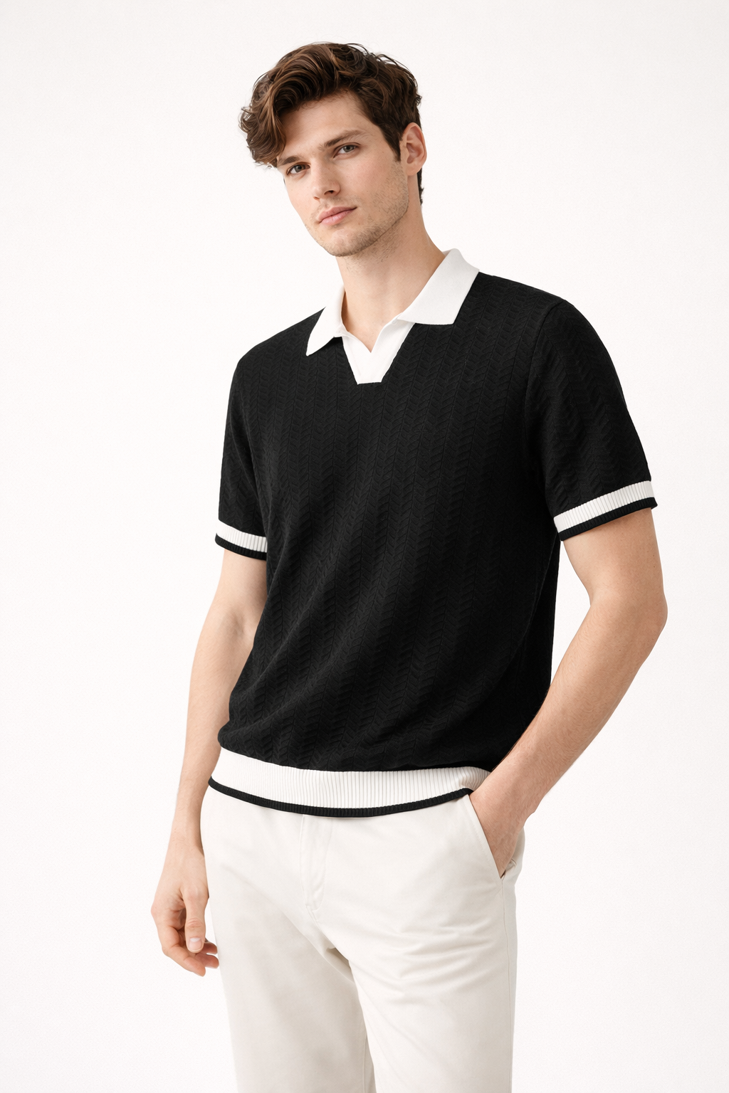 Close-up of the unique texture on a men's short sleeve knit polo shirt, showcasing quality fabric.