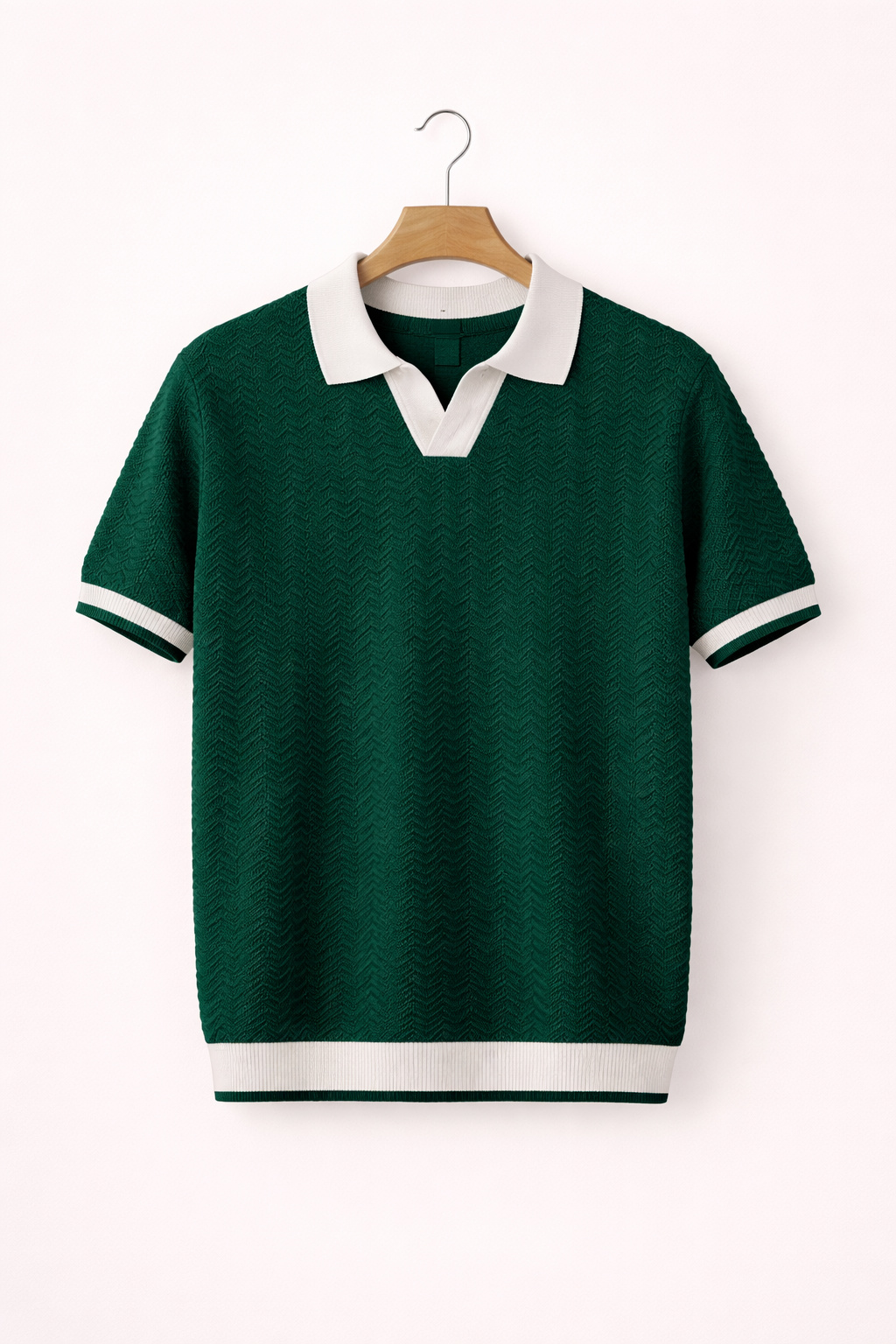 Back view of men's modern fit textured knit polo, short sleeve, highlighting comfortable and versatile design.