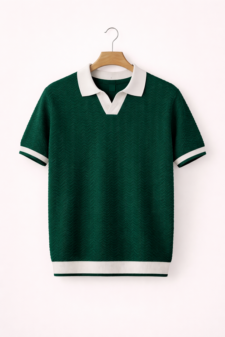 Back view of men's modern fit textured knit polo, short sleeve, highlighting comfortable and versatile design.