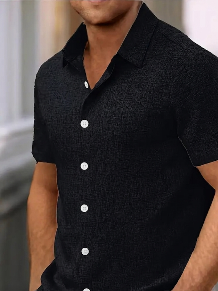 Men's regular fit textured polo shirt, short sleeve with button-down collar, classic casual style.