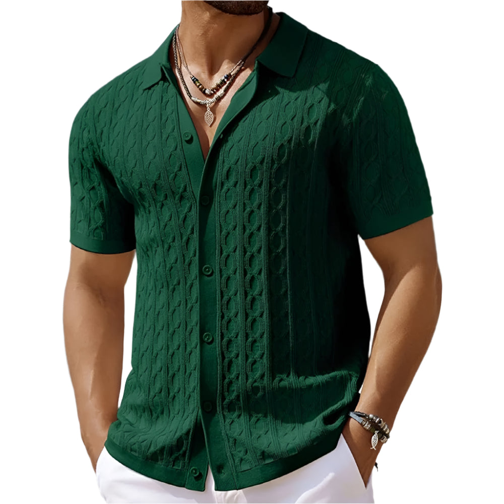 Men's textured polo shirt with stylish button-down collar. Perfect for smart casual men's fashion.