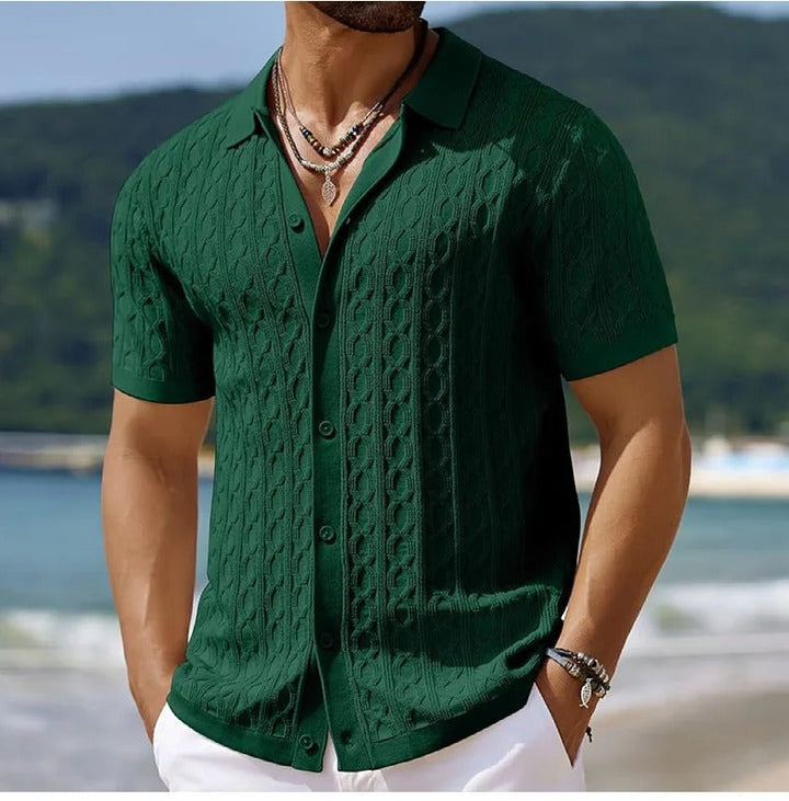 Versatile men's short sleeve polo shirt, ideal for spring summer casual wear. Features a textured design.