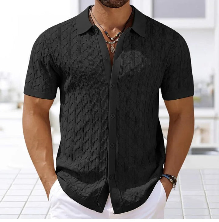 Classic men's short sleeve polo, featuring a distinctive textured knit and a practical button-down collar.