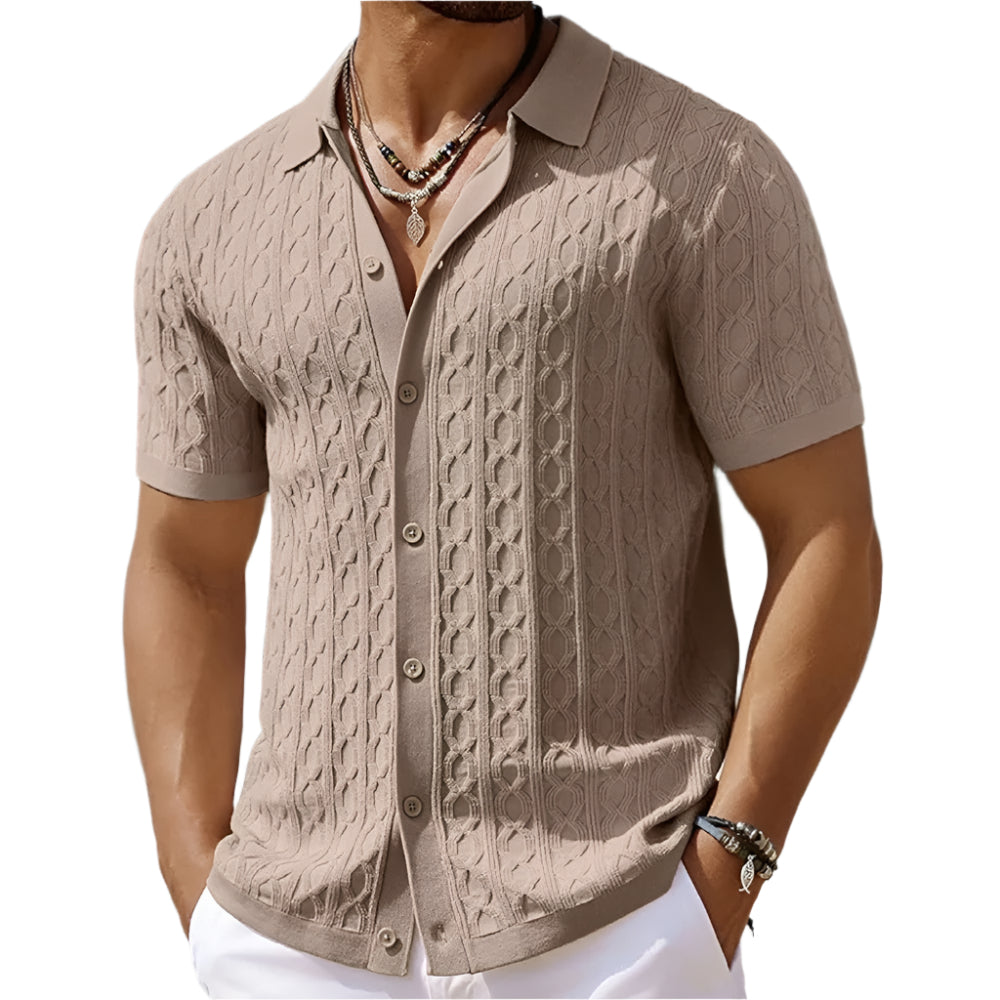 Modern men's fashion polo shirt, a short sleeve top with a refined textured finish and collared design.