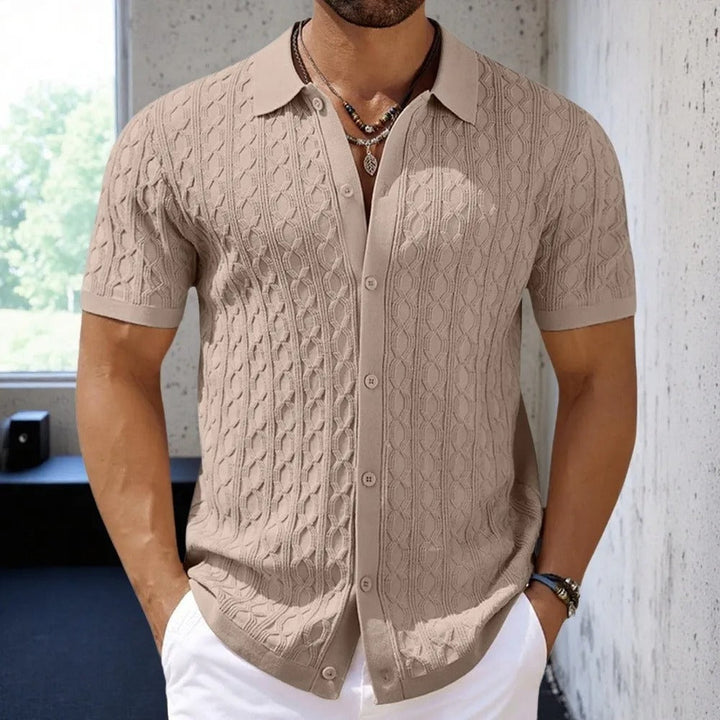 Comfortable men's polo shirt, a textured short sleeve top with a smart button-down collar for casual style.