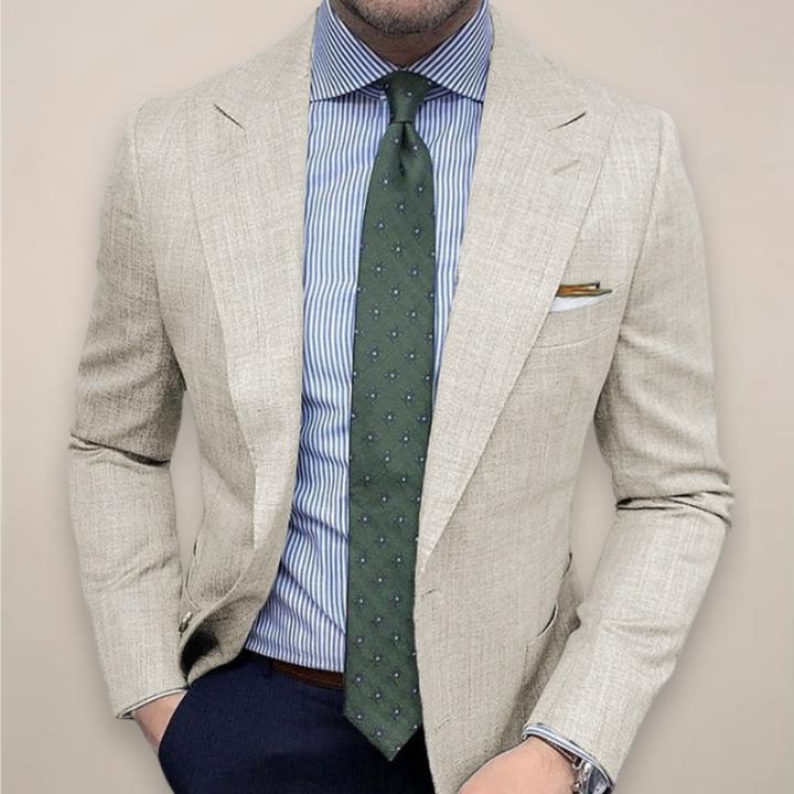 Fashionable men's slim fit blazer jacket, ideal for spring outerwear and business casual styling.